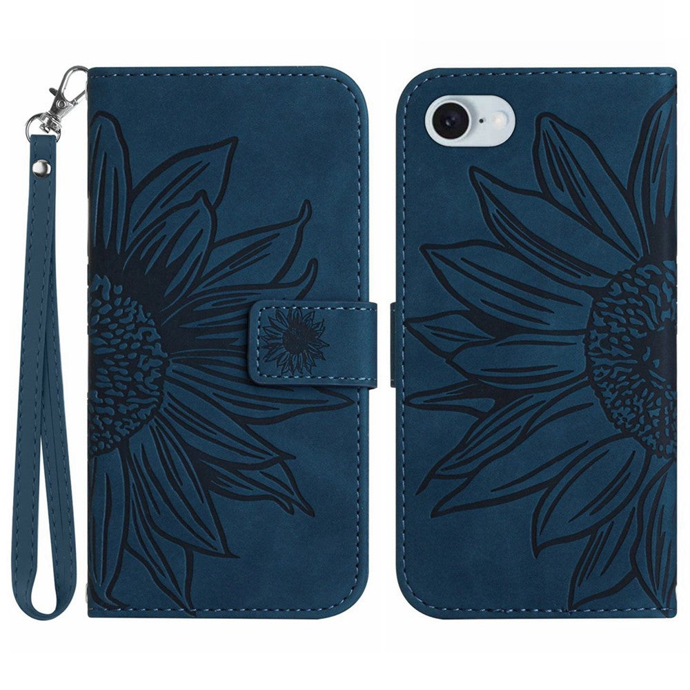 HT04 For iPhone 17e / 16e Case with Wrist Strap Sunflower Pattern Phone Wallet Cover