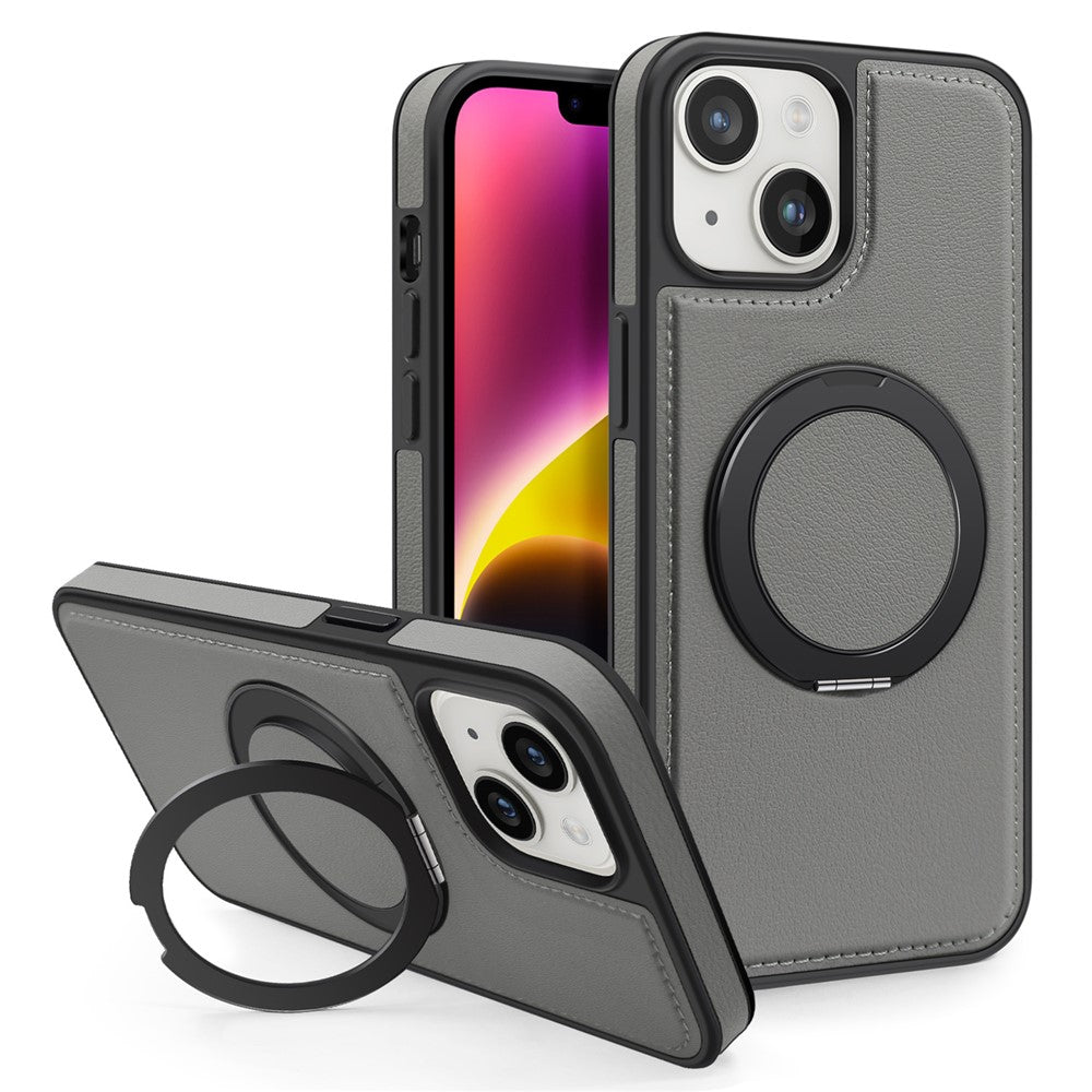 For iPhone 14 Plus Case with Ring Kickstand Compatible with MagSafe PU Leather Back Cover