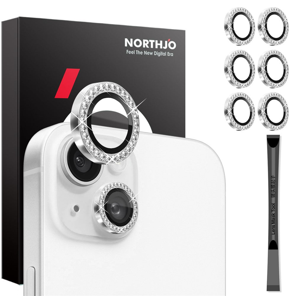 NORTHJO 3 Sets for iPhone 15 / 15 Plus / 14 / 14 Plus Lens Protector Rhinestone Decor Metal+Tempered Glass Lens Film