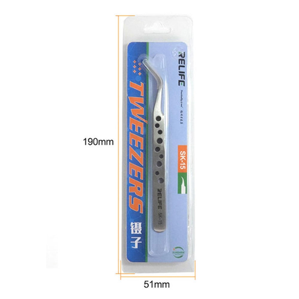 RELIFE SK-15 Curved Tip Tweezers with Holes Stainless Steel Anti-magnetic Tweezers Precision Repairing Tool