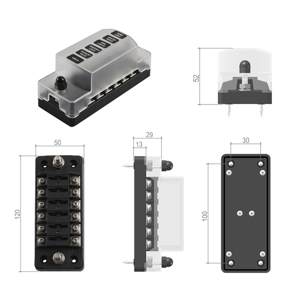 A5626 6-Way ATC Fuse Box Flame Resistant Cover Bolt Connect Terminals Stick Label (without Negative Pole)