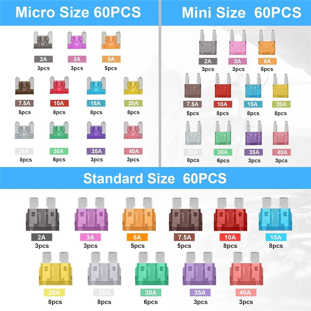 180Pcs Car Fuse Assortment Kit Mini / Standard / Micro Zinc Blade Fuses With Puller Tool and Storage Box