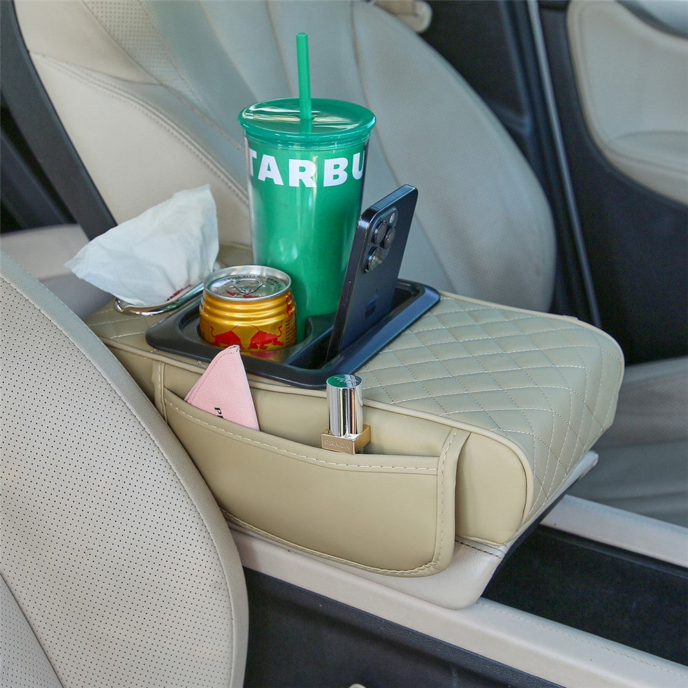 Universal Car Armrest Pad Storage Organizer PU Leather Tissue Box Central Cup Holder