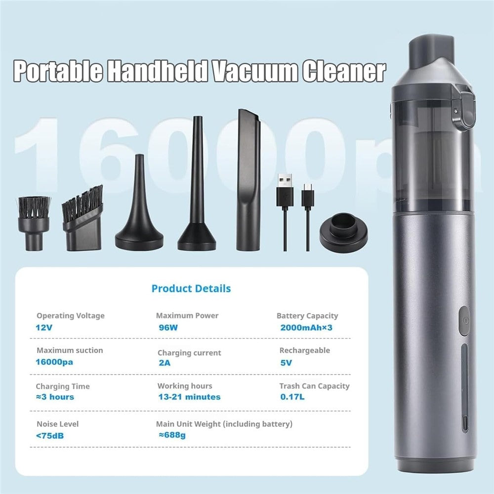 Portable Car Vacuum Cleaner 16000Pa High Suction Handheld Cordless Vacuum Blower for Auto / Home Cleaning