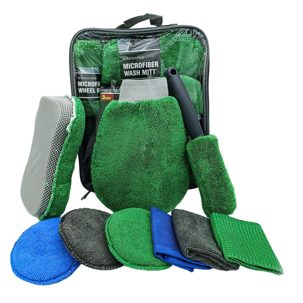 9Pcs Car Wash Kit Microfiber Towel Sponge Wax Applicator Wheel Brush Scratch Free Cleaning Set