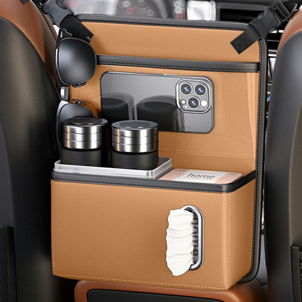 Transparent Touch Window Car Seat Back Organizer Bag PU Leather Multi-Pocket Hanging Bag with Tissue Holder