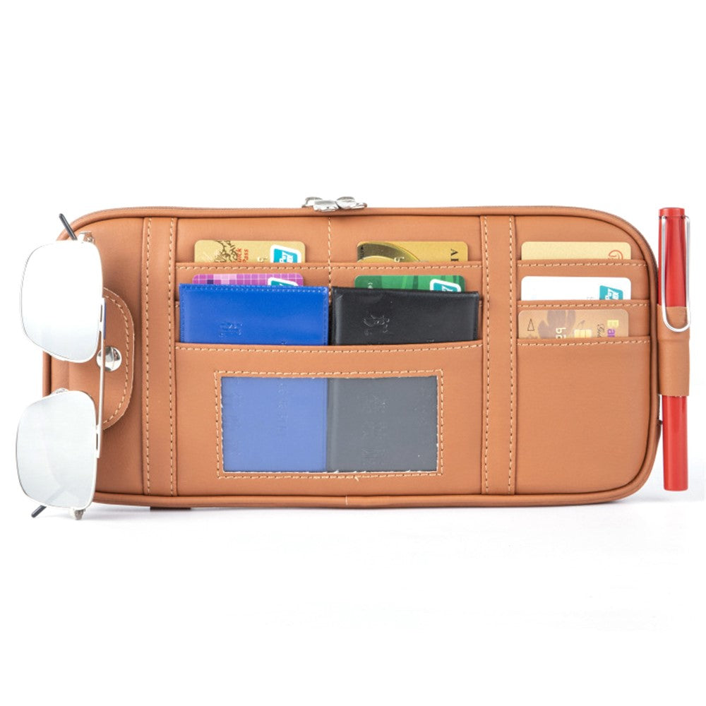 Car Sun Visor Storage Bag PU Leather Driving License Glasses Cards Holder Zipper Pocket Storage Bag
