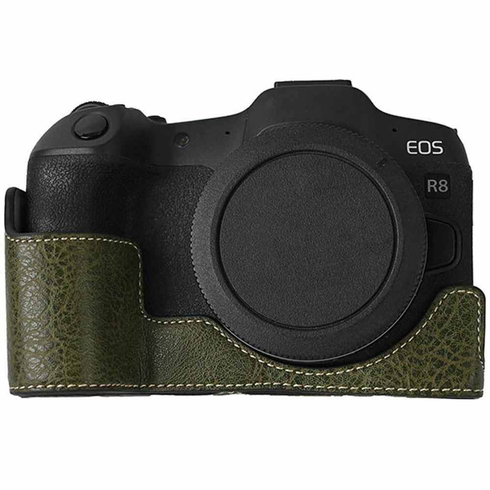For Canon EOS R8 Camera Half Case Litchi Texture PU Leather Protective Cover with Battery Opening