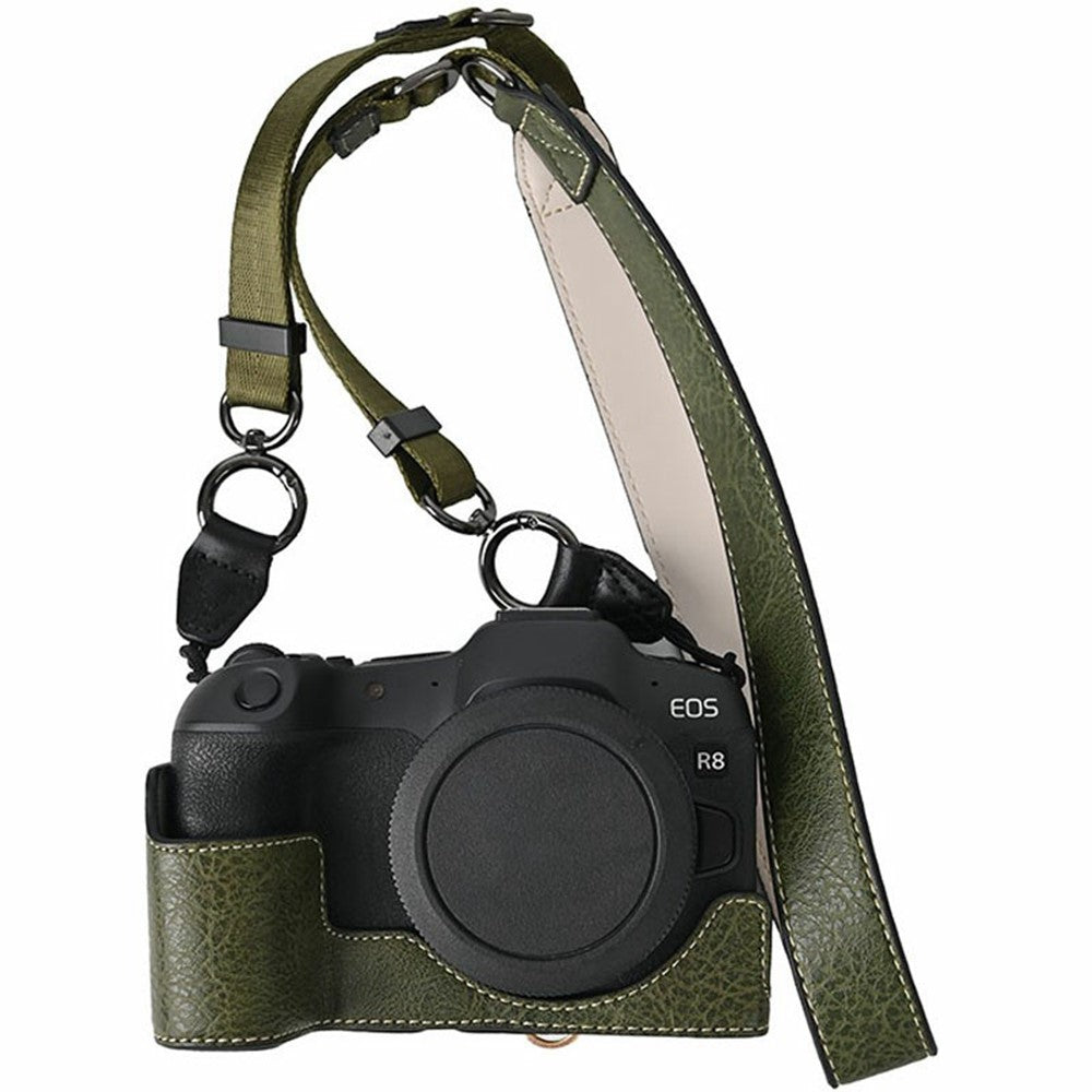 For Canon EOS R8 Camera Half Case Litchi Texture Battery Opening PU Leather Cover with Shoulder Strap