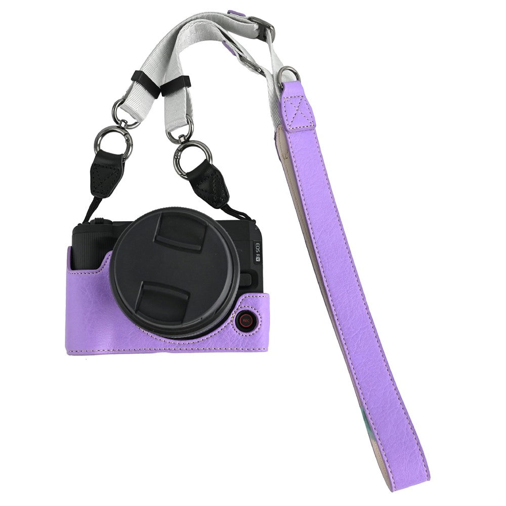 For Canon EOS R50 V Camera Half Case Litchi Texture Battery Opening PU Leather Cover with Shoulder Strap