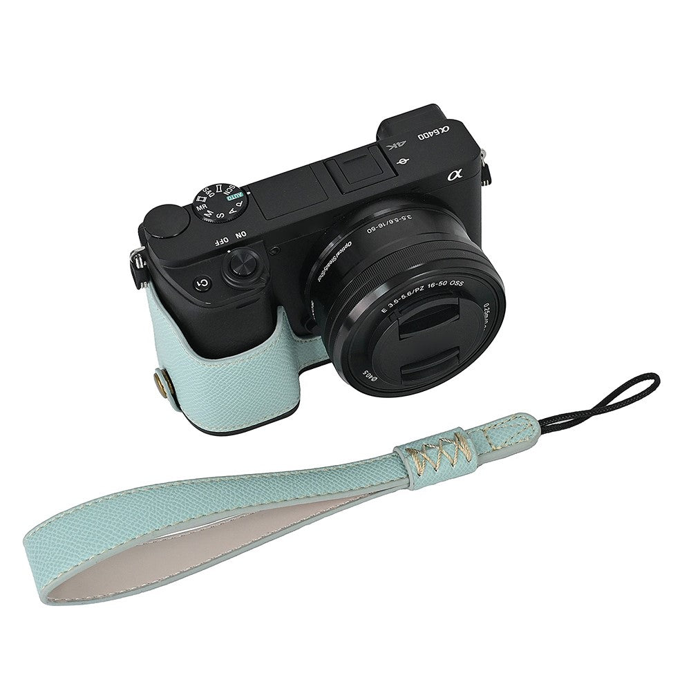 Camera Case for Sony A6400 / A6300 / A6100 / A6000 Battery Opening Design Palm Texture PU Leather Half Body Bottom Case with Wrist Strap