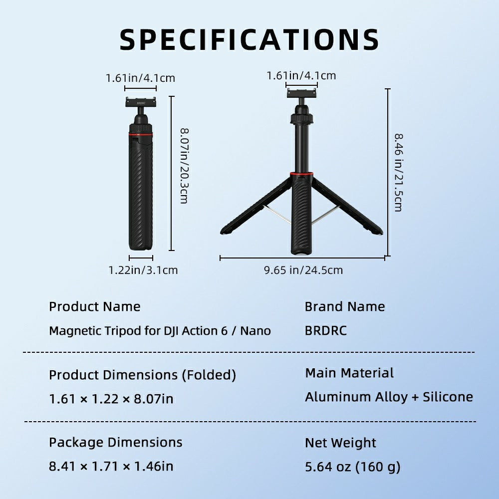 BRDRC For DJI Osmo Action 6 / Osmo Nano Magnetic Tripod Rotation Telescopic Selfie Stick Aluminum Alloy Stand
