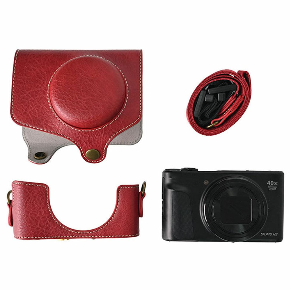 Camera Case for Canon SX740 HS Vintage Litchi Texture PU Leather Full Coverage Protective Cover with Shoulder Strap