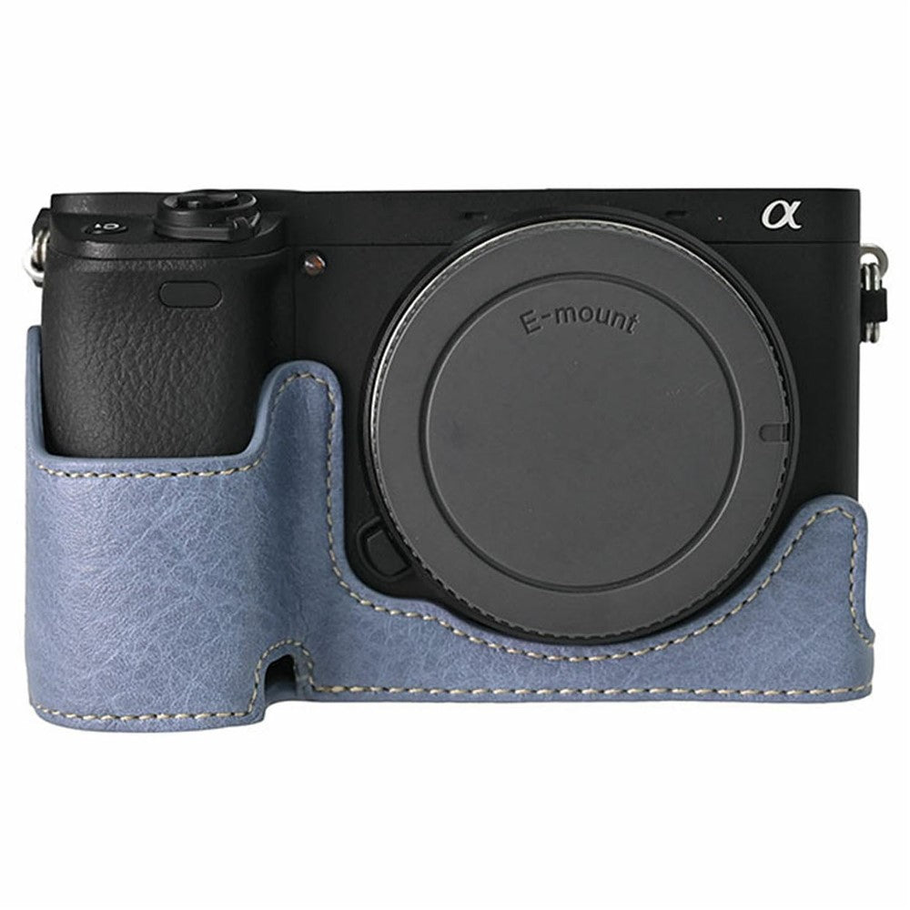 For Sony A6400 Camera Bottom Case PU Leather Lychee Texture Pattern Magnetic Base Half Cover Protective Shell with Battery Access