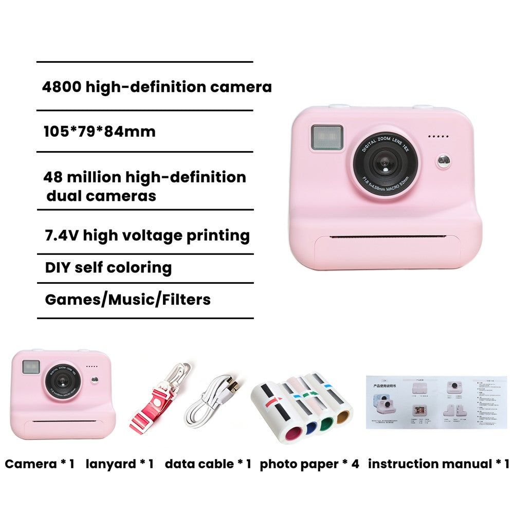 P10 Dual Lens Instant Print Camera for Kids 2.4 Inch IPS Screen Video Recorder Support Monochrome Printing, with 32GB Card