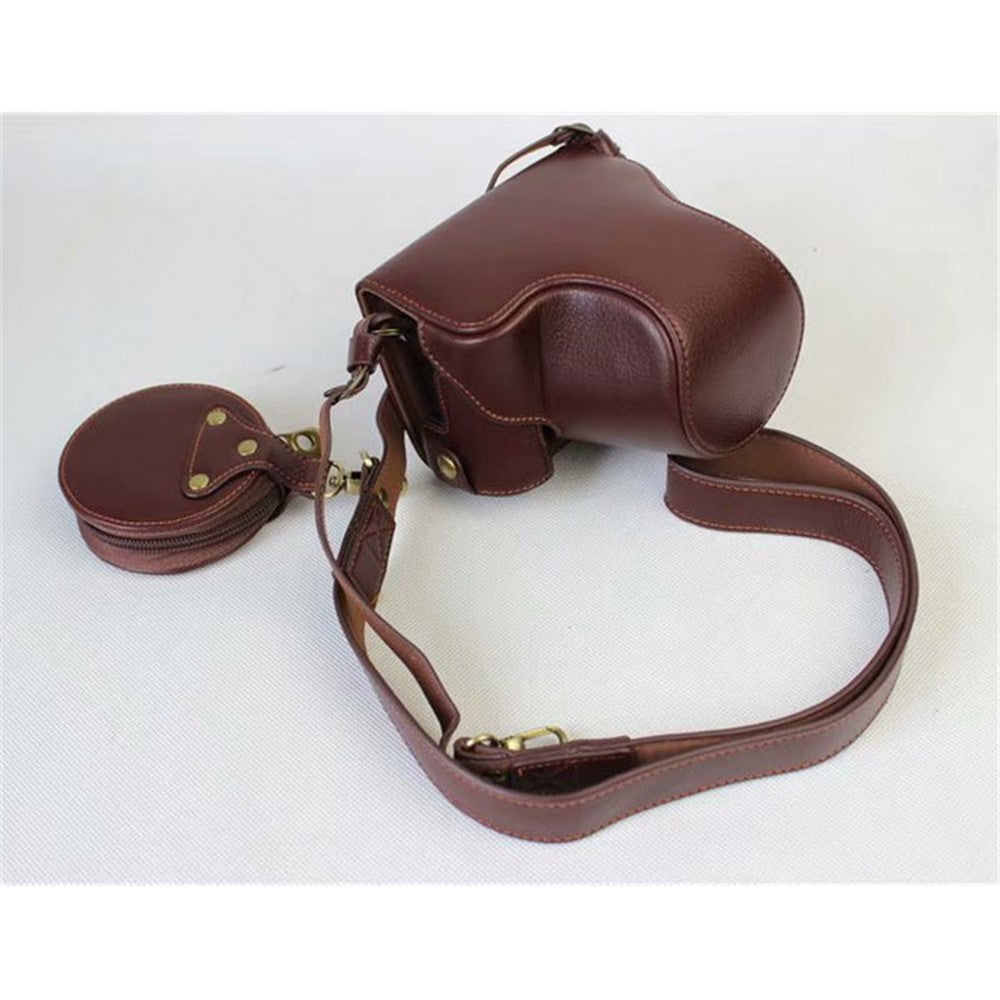 Split Leather Protective Shell + Strap + Camera Lens Bag for Canon EOS M6 (15-45mm)