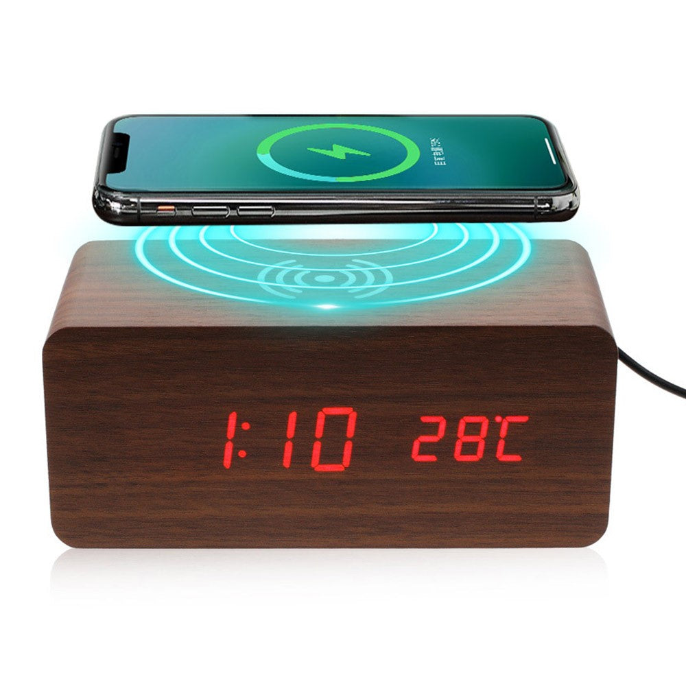 Wooden Alarm Clock with Qi Wireless Charger Sound Control LED Digital Clock Temperature Display