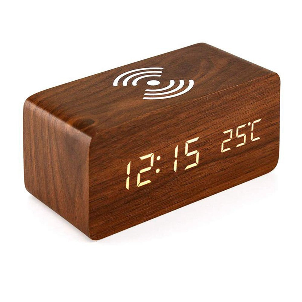 Wooden Alarm Clock with Sound Control Qi Wireless Charging Function Compatible with iPhone Samsung