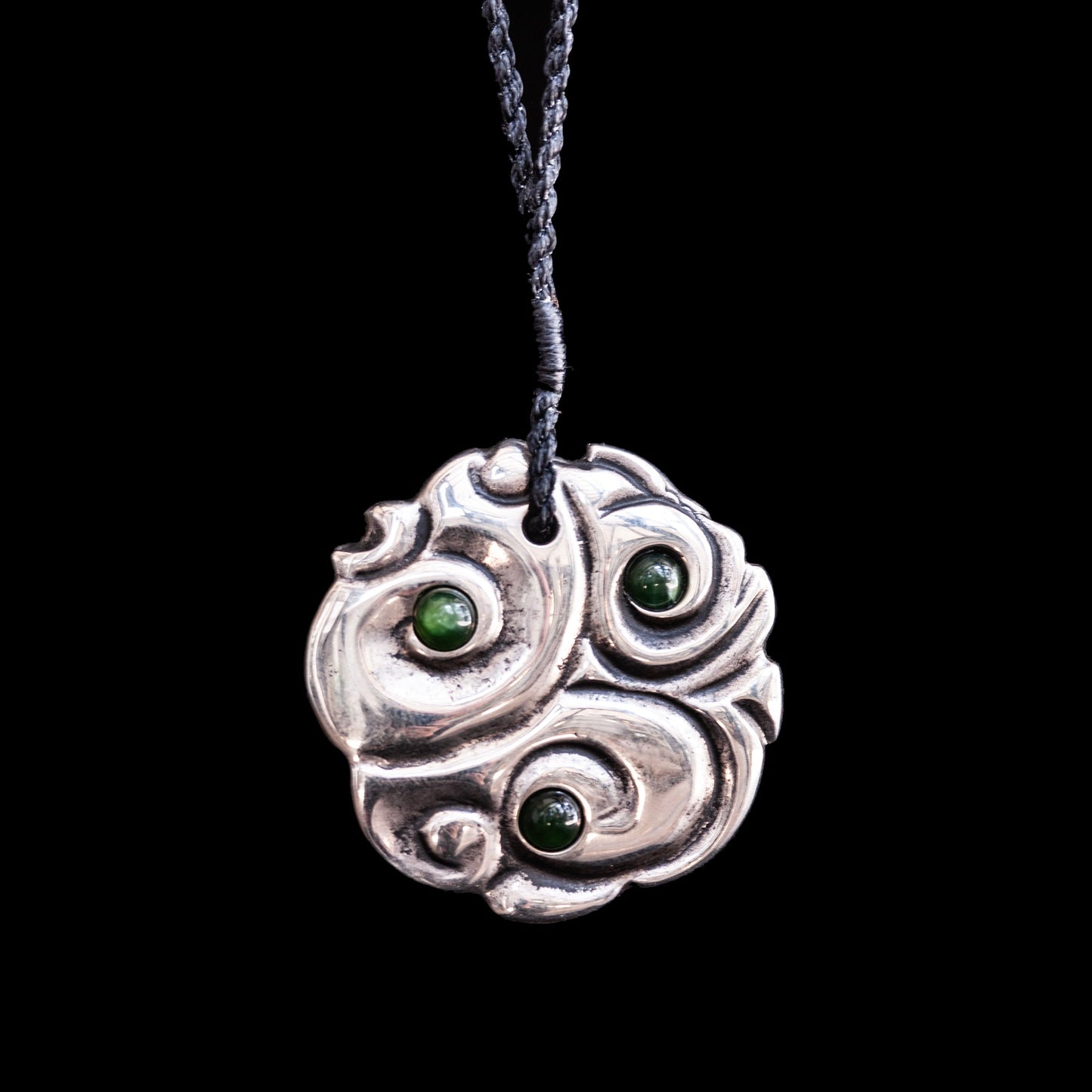 White bronze Koru Disc with inset Jade Drops by Nick and Mady Necklace