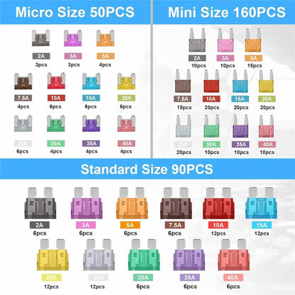 300Pcs Car Truck Fuse Assortment Kit (90 Standard+160 Mini+50 Micro Fuses)