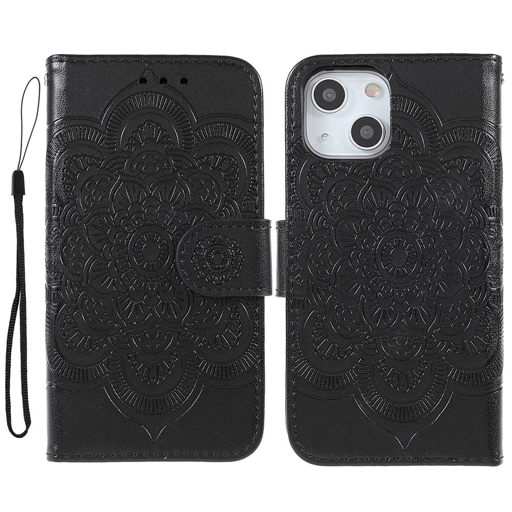Imprinting Mandala Flower PU Leather Phone Stand Cover Wallet Case with Strap for iPhone 14 / 13