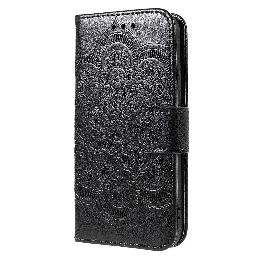 Imprinting Mandala Flower PU Leather Phone Stand Cover Wallet Case with Strap for iPhone 14 / 13