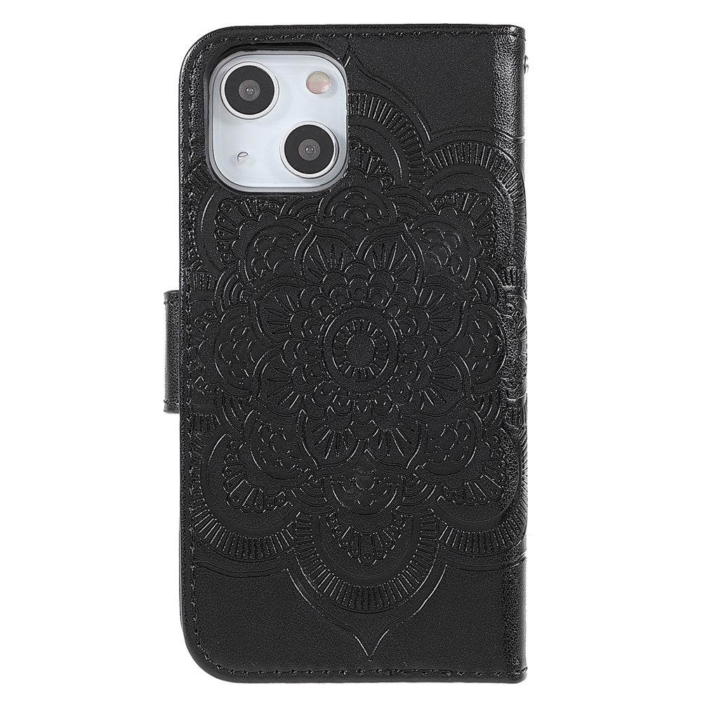 Imprinting Mandala Flower PU Leather Phone Stand Cover Wallet Case with Strap for iPhone 14 / 13