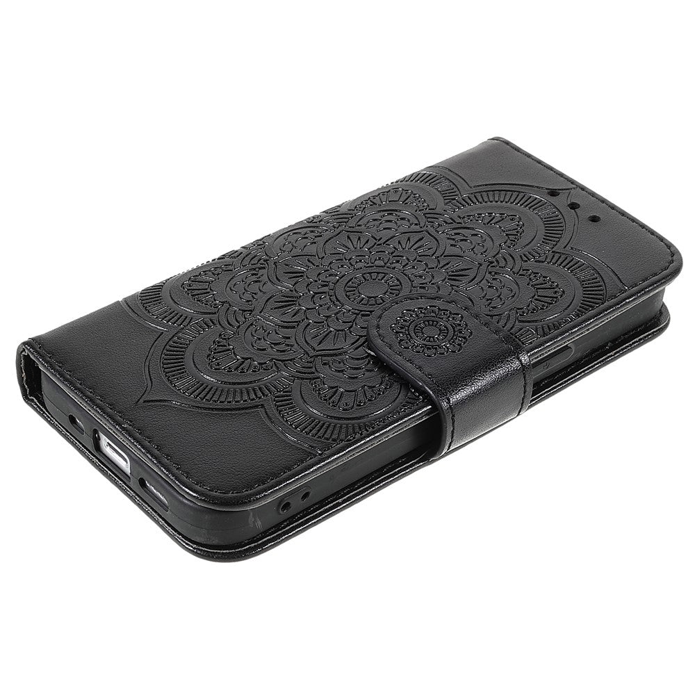 Imprinting Mandala Flower PU Leather Phone Stand Cover Wallet Case with Strap for iPhone 14 / 13