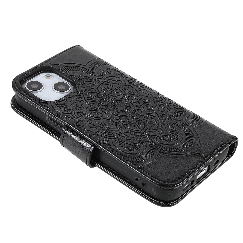 Imprinting Mandala Flower PU Leather Phone Stand Cover Wallet Case with Strap for iPhone 14 / 13