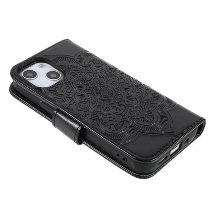 Imprinting Mandala Flower PU Leather Phone Stand Cover Wallet Case with Strap for iPhone 14 / 13