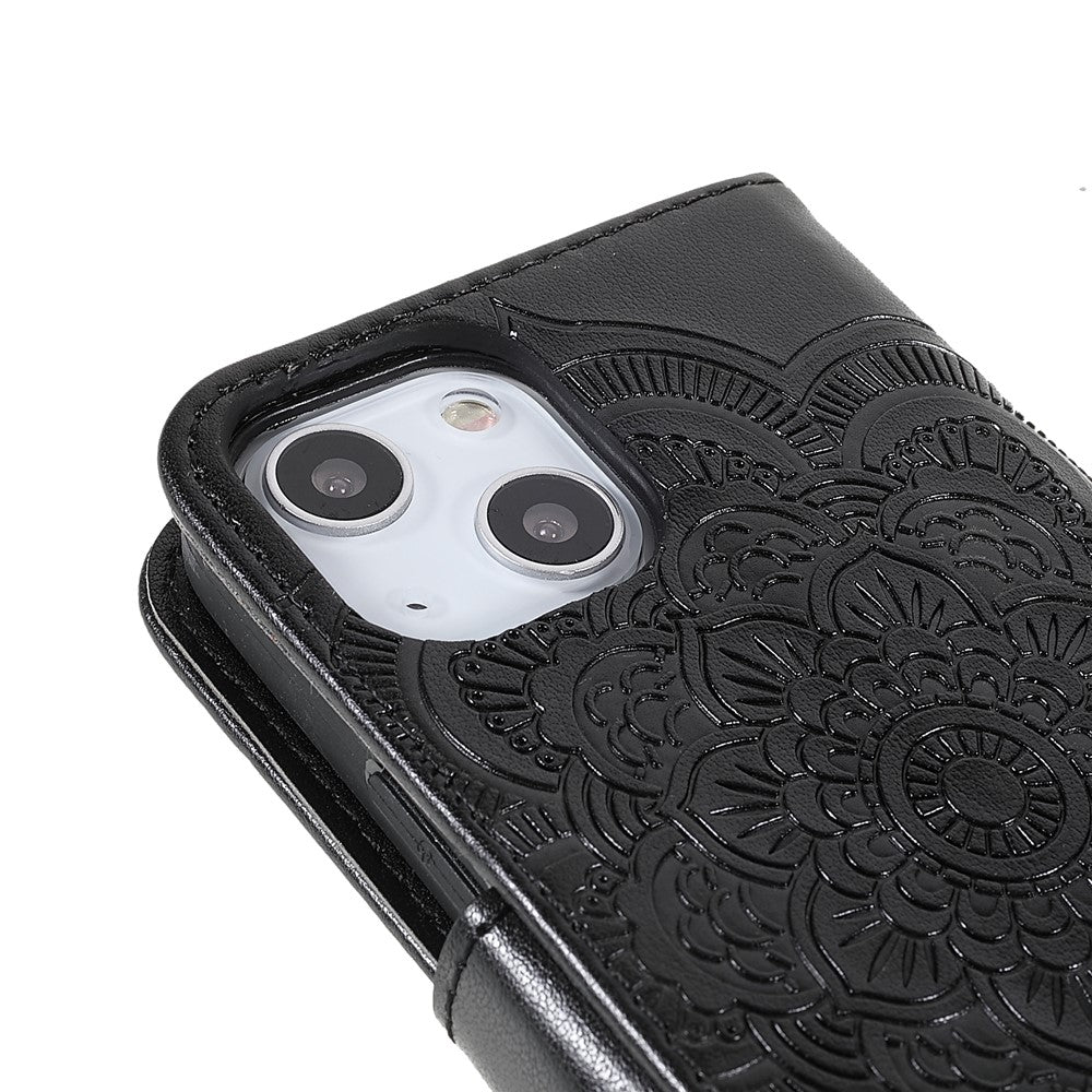 Imprinting Mandala Flower PU Leather Phone Stand Cover Wallet Case with Strap for iPhone 14 / 13