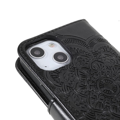 Imprinting Mandala Flower PU Leather Phone Stand Cover Wallet Case with Strap for iPhone 14 / 13