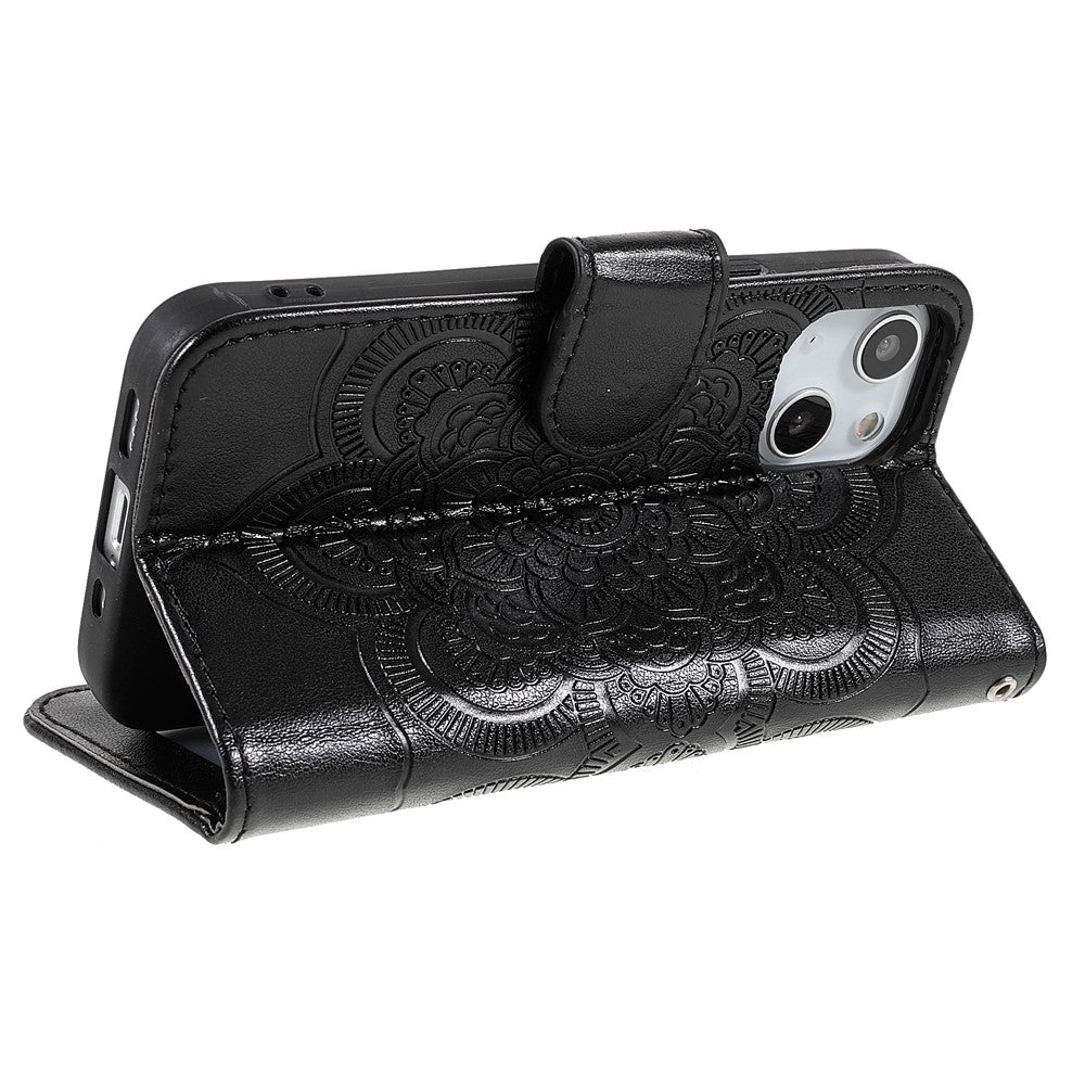 Imprinting Mandala Flower PU Leather Phone Stand Cover Wallet Case with Strap for iPhone 14 / 13