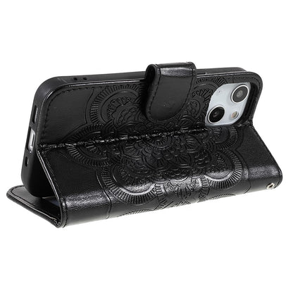 Imprinting Mandala Flower PU Leather Phone Stand Cover Wallet Case with Strap for iPhone 14 / 13