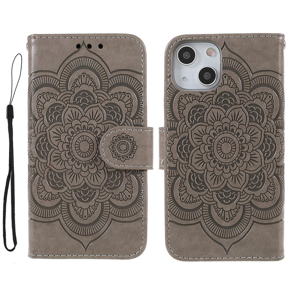 Imprinting Mandala Flower PU Leather Phone Stand Cover Wallet Case with Strap for iPhone 14 / 13