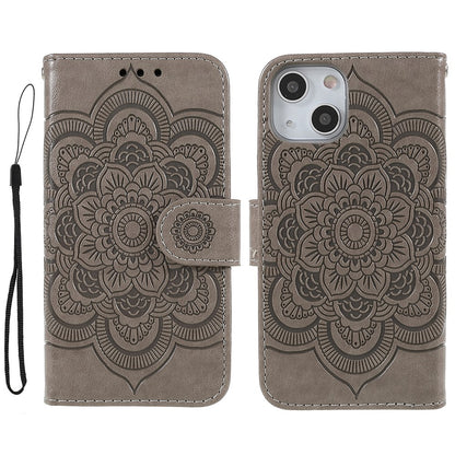 Imprinting Mandala Flower PU Leather Phone Stand Cover Wallet Case with Strap for iPhone 14 / 13