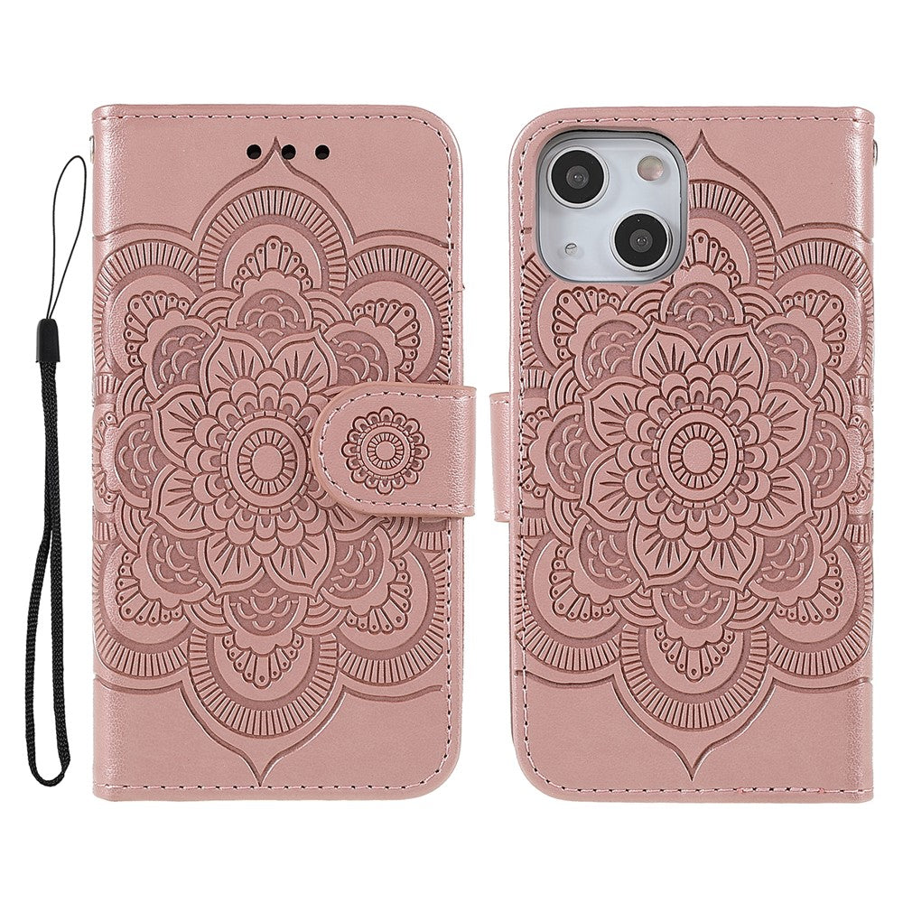 Imprinting Mandala Flower PU Leather Phone Stand Cover Wallet Case with Strap for iPhone 14 / 13
