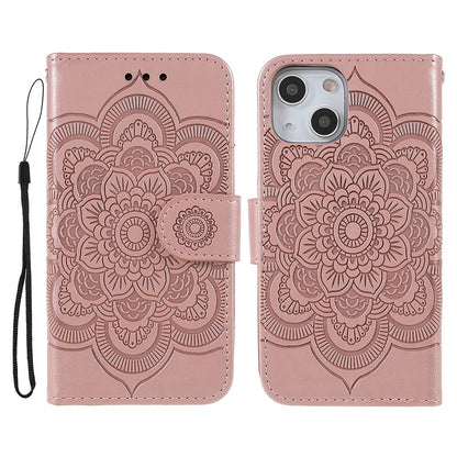 Imprinting Mandala Flower PU Leather Phone Stand Cover Wallet Case with Strap for iPhone 14 / 13