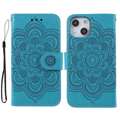Imprinting Mandala Flower PU Leather Phone Stand Cover Wallet Case with Strap for iPhone 14 / 13
