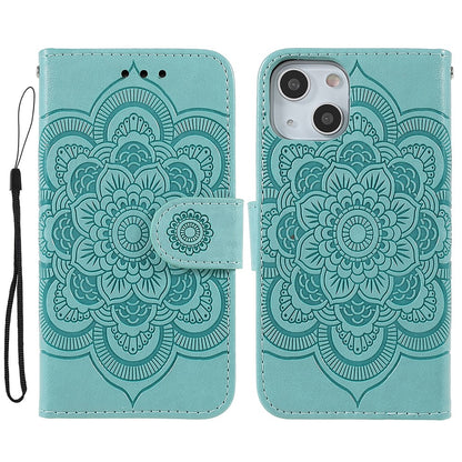 Imprinting Mandala Flower PU Leather Phone Stand Cover Wallet Case with Strap for iPhone 14 / 13