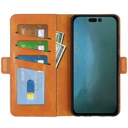 For iPhone 14 Plus 6.7 inch Double Magnetic Clasp Textured Leather Case Stand Wallet Drop-proof Phone Cover