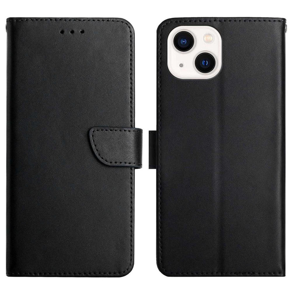 For iPhone 14 Plus 6.7 inch Wallet Stand Nappa Texture Genuine Leather Cover All-round Protection Phone Case