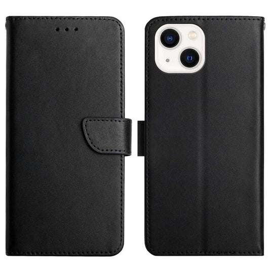 For iPhone 14 Plus 6.7 inch Wallet Stand Nappa Texture Genuine Leather Cover All-round Protection Phone Case