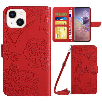 For iPhone 14 Plus 6.7 inch Imprinting Butterfly Flowers PU Leather Case with Shoulder Strap, Wallet Stand Phone Shell
