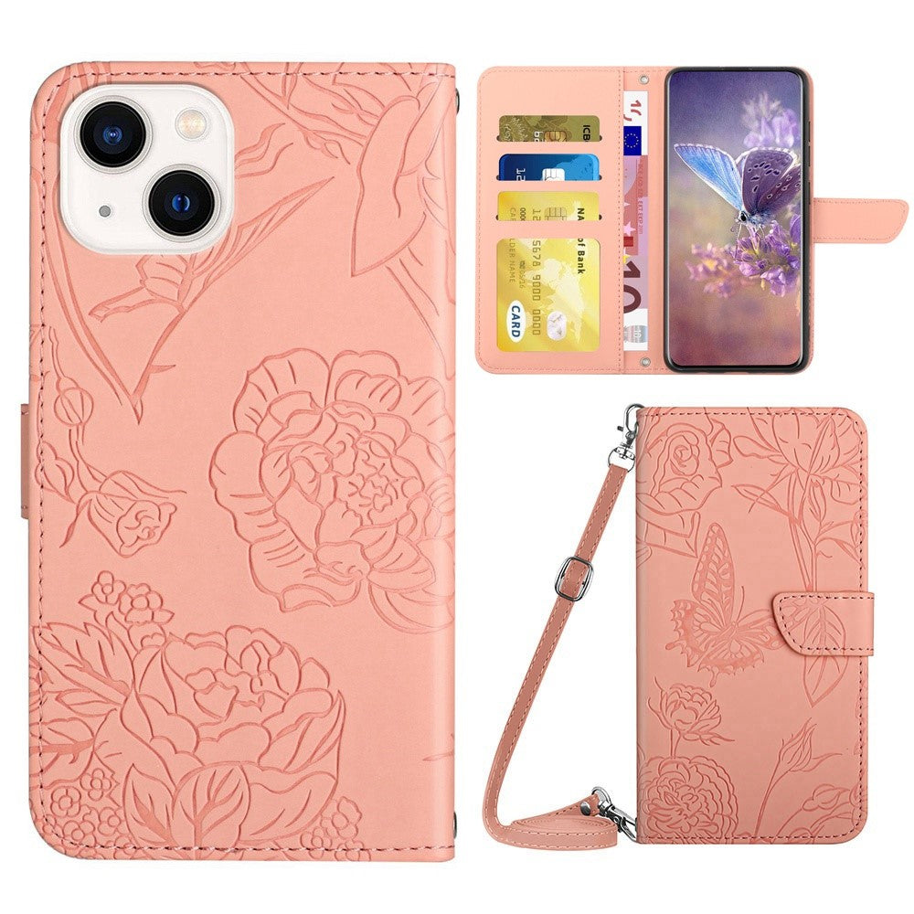 For iPhone 14 Plus 6.7 inch Imprinting Butterfly Flowers PU Leather Case with Shoulder Strap, Wallet Stand Phone Shell