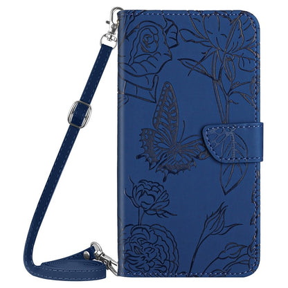 For iPhone 14 Plus 6.7 inch Imprinting Butterfly Flowers PU Leather Case with Shoulder Strap, Wallet Stand Phone Shell