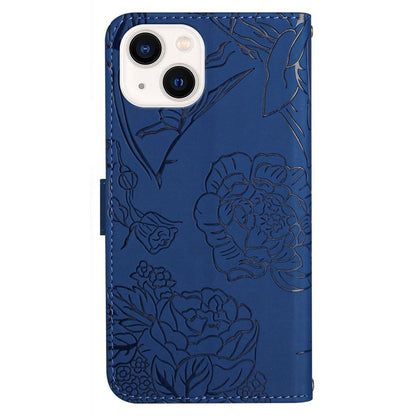 For iPhone 14 Plus 6.7 inch Imprinting Butterfly Flowers PU Leather Case with Shoulder Strap, Wallet Stand Phone Shell
