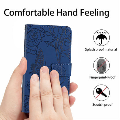 For iPhone 14 Plus 6.7 inch Imprinting Butterfly Flowers PU Leather Case with Shoulder Strap, Wallet Stand Phone Shell