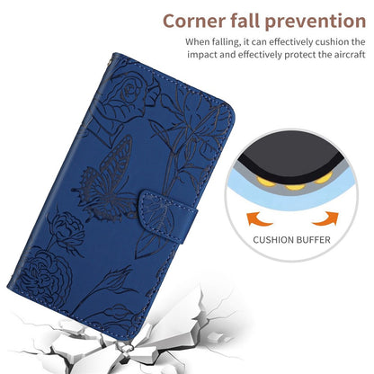 For iPhone 14 Plus 6.7 inch Imprinting Butterfly Flowers PU Leather Case with Shoulder Strap, Wallet Stand Phone Shell