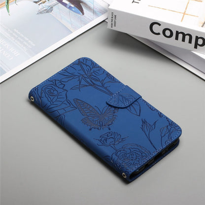 For iPhone 14 Plus 6.7 inch Imprinting Butterfly Flowers PU Leather Case with Shoulder Strap, Wallet Stand Phone Shell